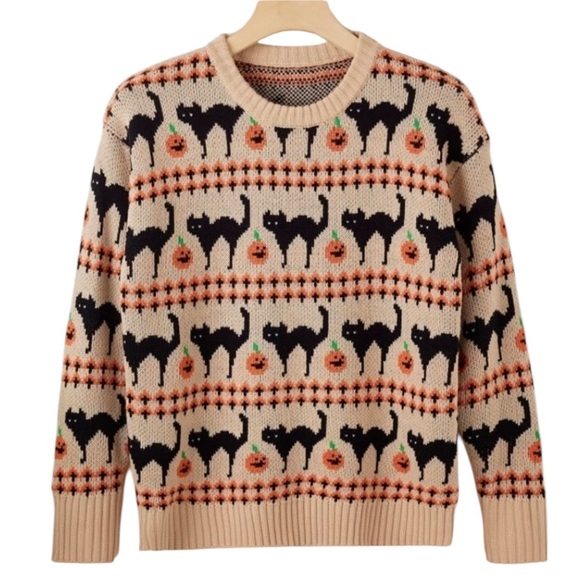New Pumpkin Black Cat Halloween Sweater Orange Cream Long Sleeve Crew - Picture 1 of 15